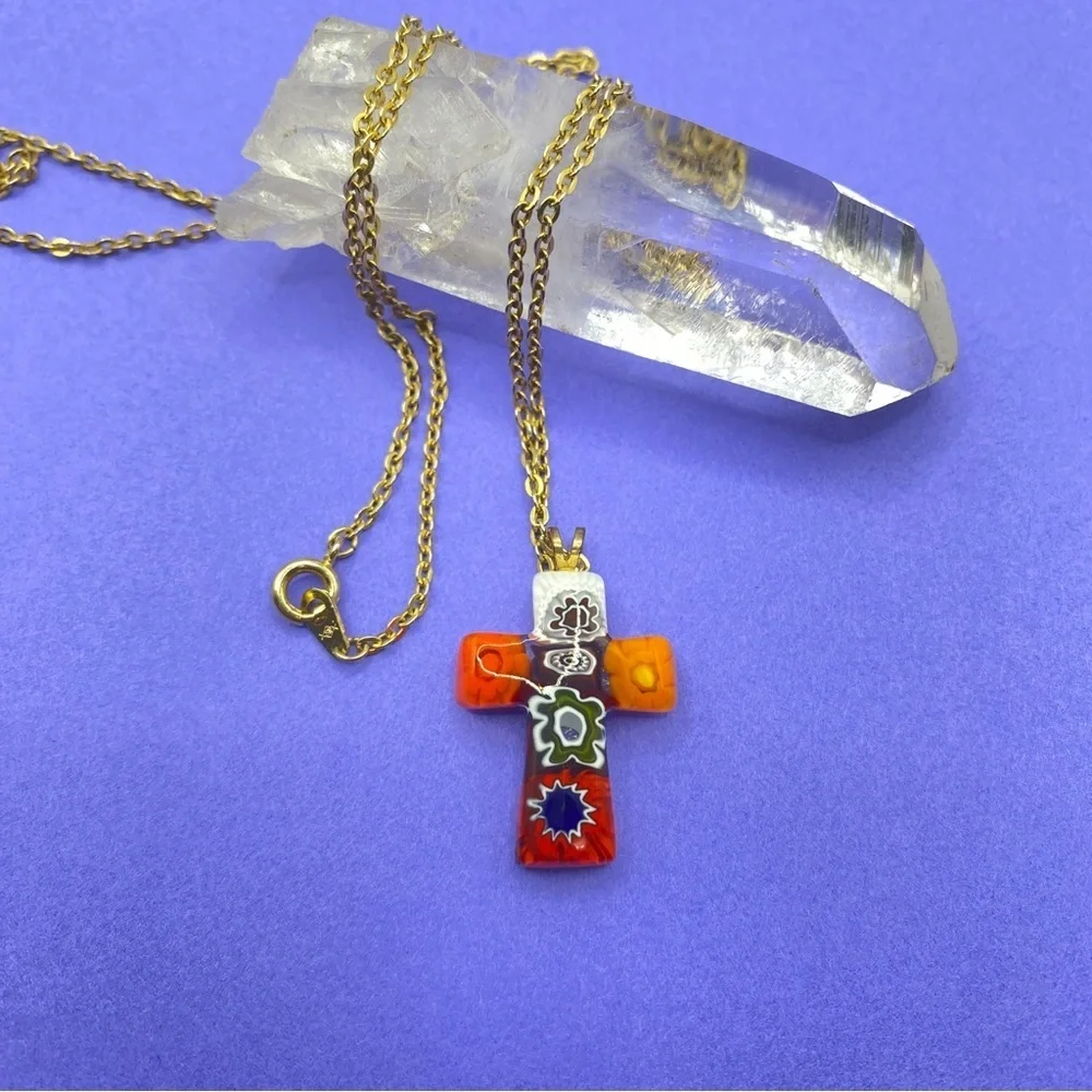Art Glass Millefiori Christian Cross Pendant Necklace on Vintage Gold To…